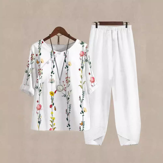 Damen Freizeit Oberteil mit floralem Muster und bequemer Hose R&B