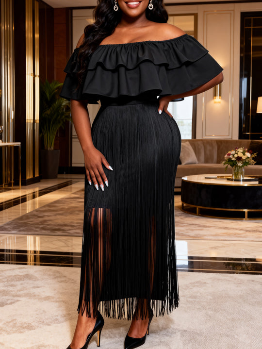 Damen Off-Shoulder Kleid mit fransendem Saum R&B