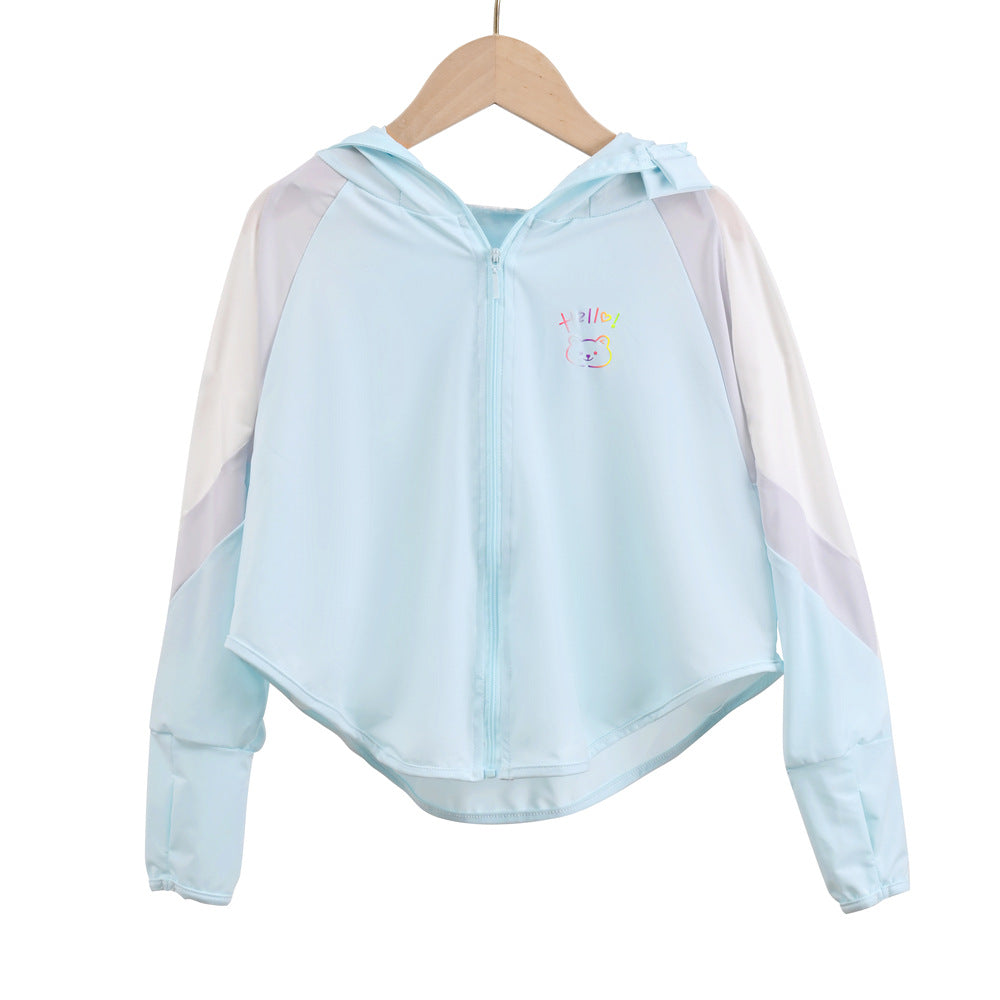 Unisex nan ultraleichte Kinder-Sonnenschutzjacke mit Kapuze, Reißverschluss, Meshfutter und Bärenstickerei  R&B