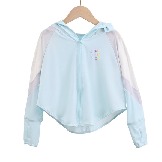 Unisex nan ultraleichte Kinder-Sonnenschutzjacke mit Kapuze, Reißverschluss, Meshfutter und Bärenstickerei  R&B