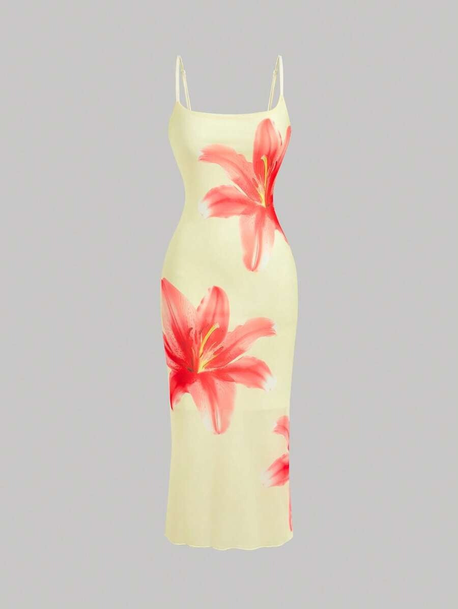 Damen sommerliches Blumenkleid mit feinen Spaghetti-Trägern und fließendem Schnitt R&B