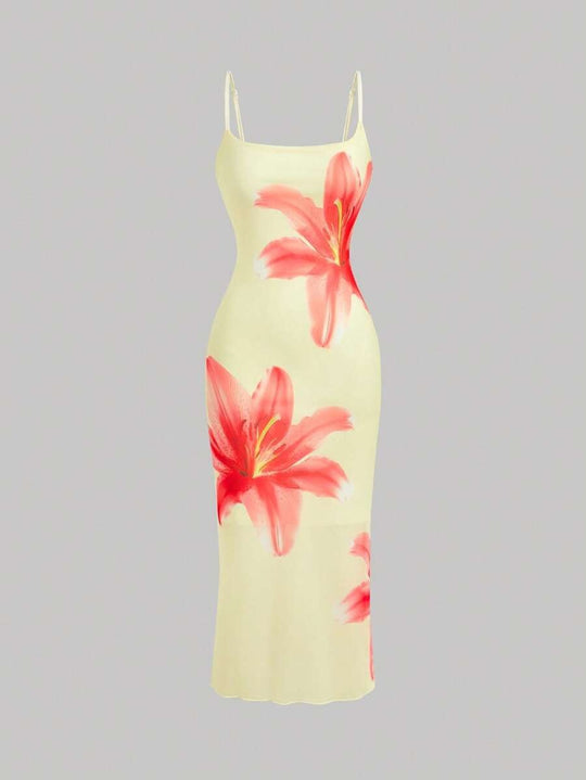 Damen sommerliches Blumenkleid mit feinen Spaghetti-Trägern und fließendem Schnitt R&B