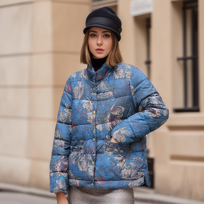 Damen gesteppte Winterjacke mit buntem Kunstdesign und praktischen Taschen R&B