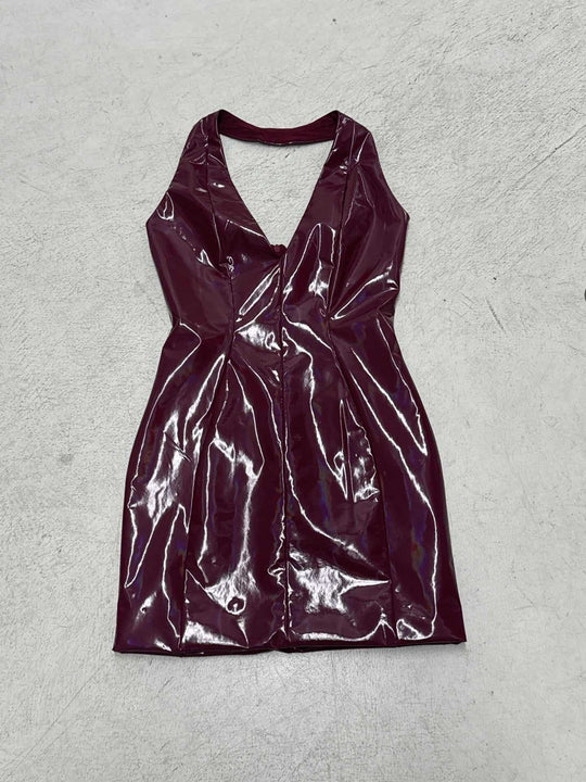 Damen figurbetontes Kunstlederkleid mit tiefem V-Ausschnitt und offenen Rücken R&B