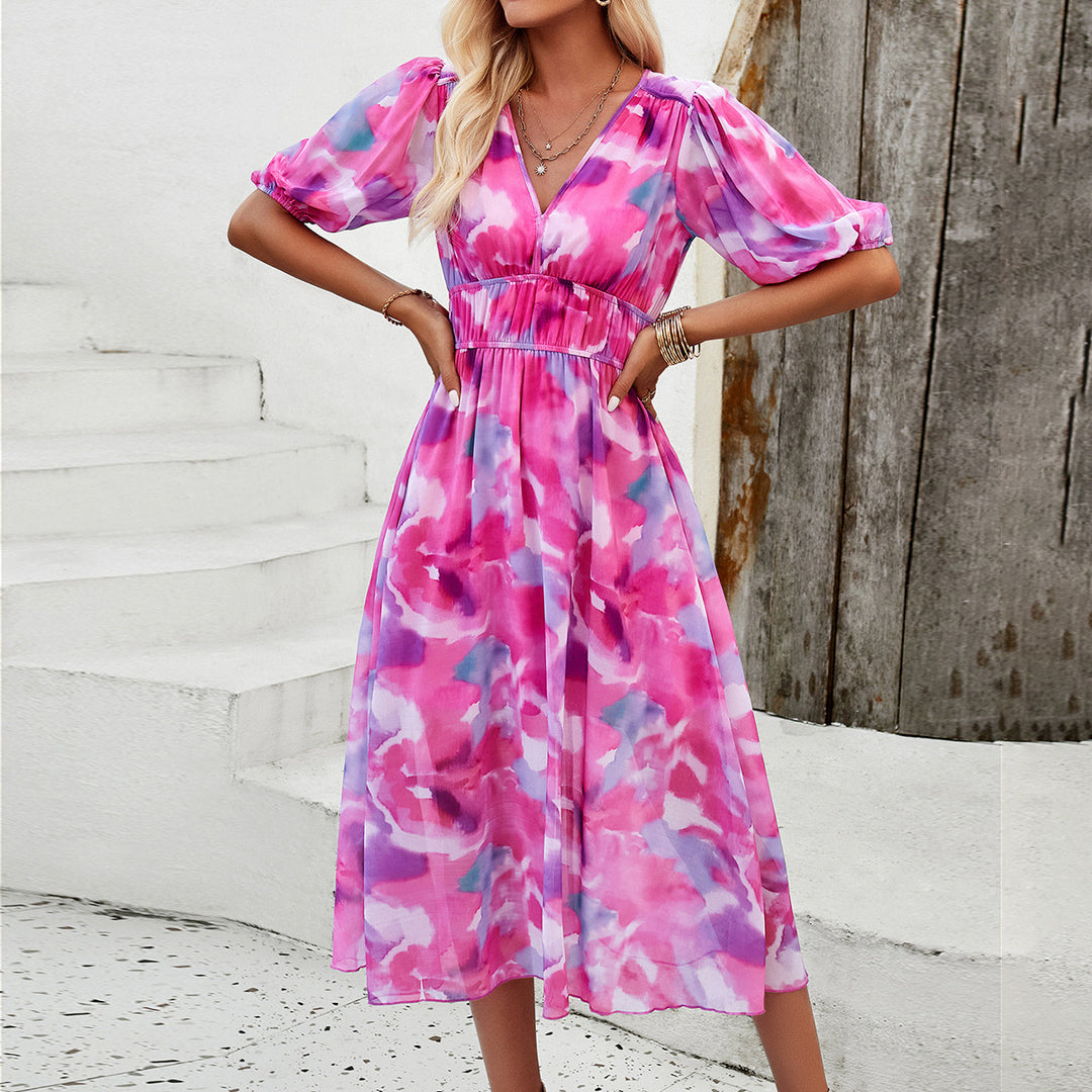 Damen Midikleid mit eleganten Puffärmeln und romantischem Blumenmuster R&B