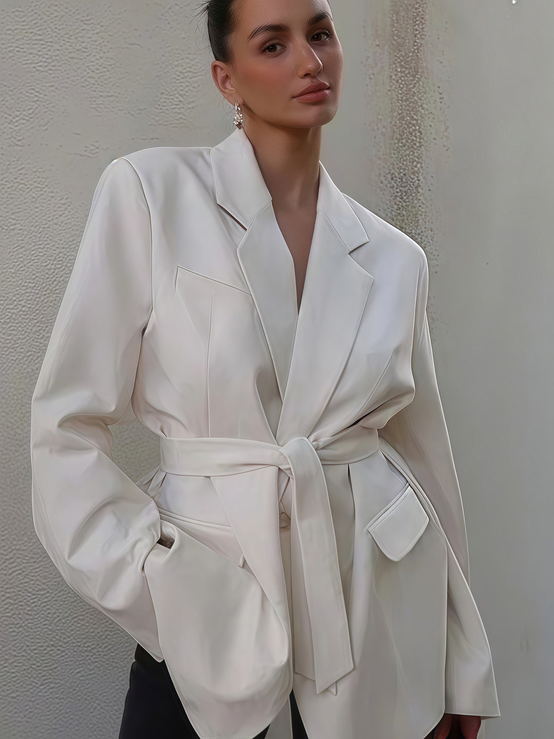 Damen Elegante Blazerjacke mit Gürtel und Taschen R&B