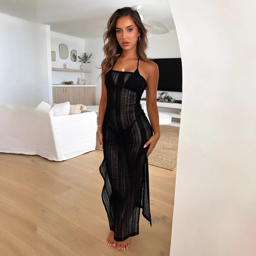 Damen Transparente Maxi-Strandkleid mit feinen Häkelmustern und verstellbaren Trägern R&B