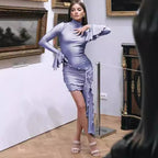 Damen Wickelkleid mit hohen Rüschendetails und Stehkragen R&B