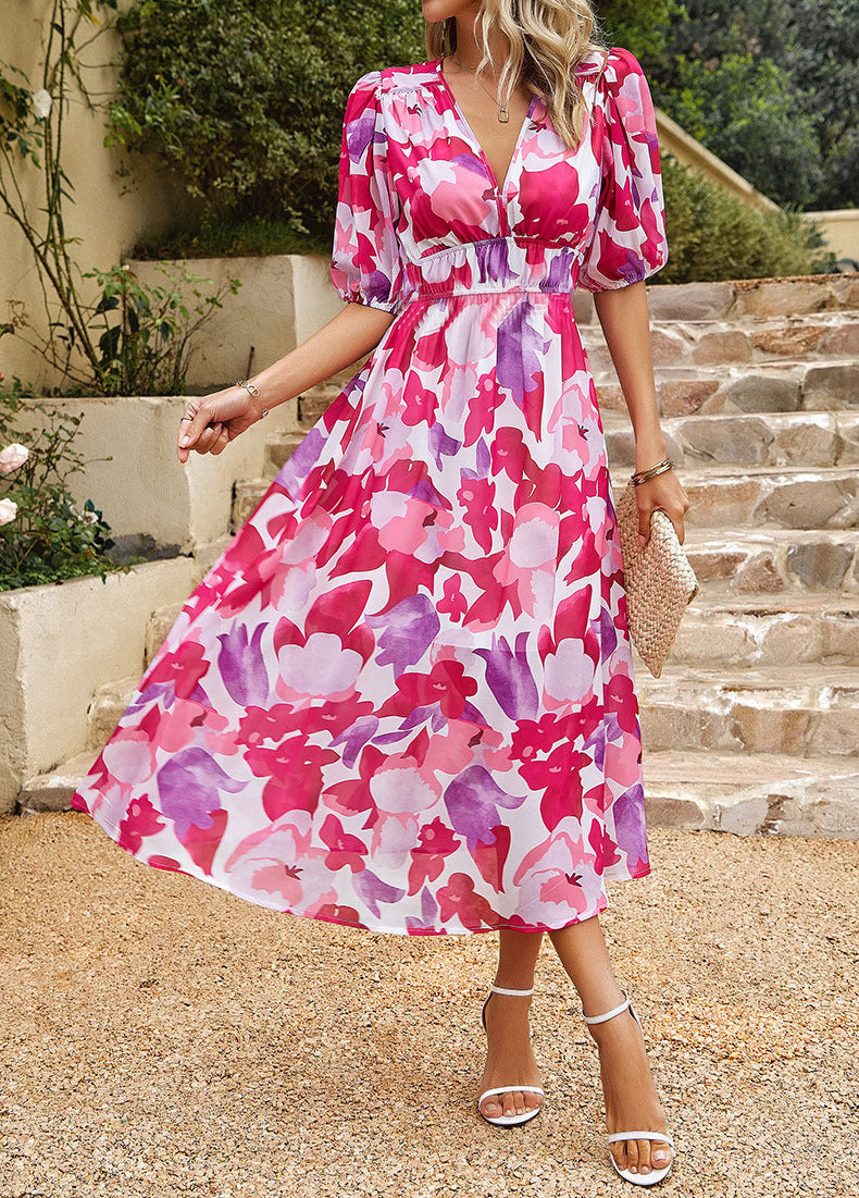 Damen Maxikleid mit Blumenmuster und eleganten Puffärmeln R&B