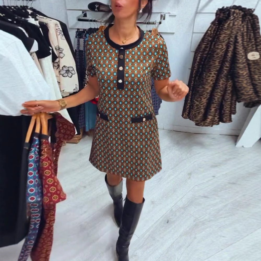 Damen nan Retro-A-Linien-Minikleid mit geometrischem Muster, Kontrastblende und Zier-Taschendetail R&B