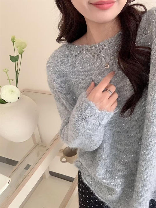 Damen Flauschiger Strickpullover mit glänzenden Akzenten und lockerem Schnitt R&B