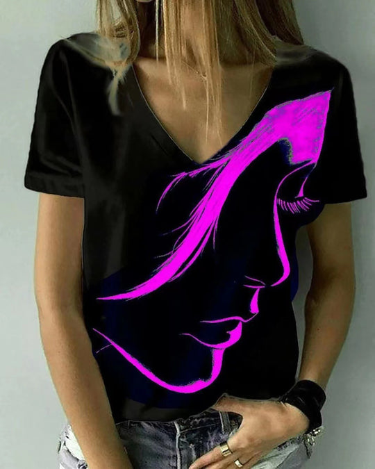 Damen V-Ausschnitt T-Shirt mit kreativem Grafikdruck R&B