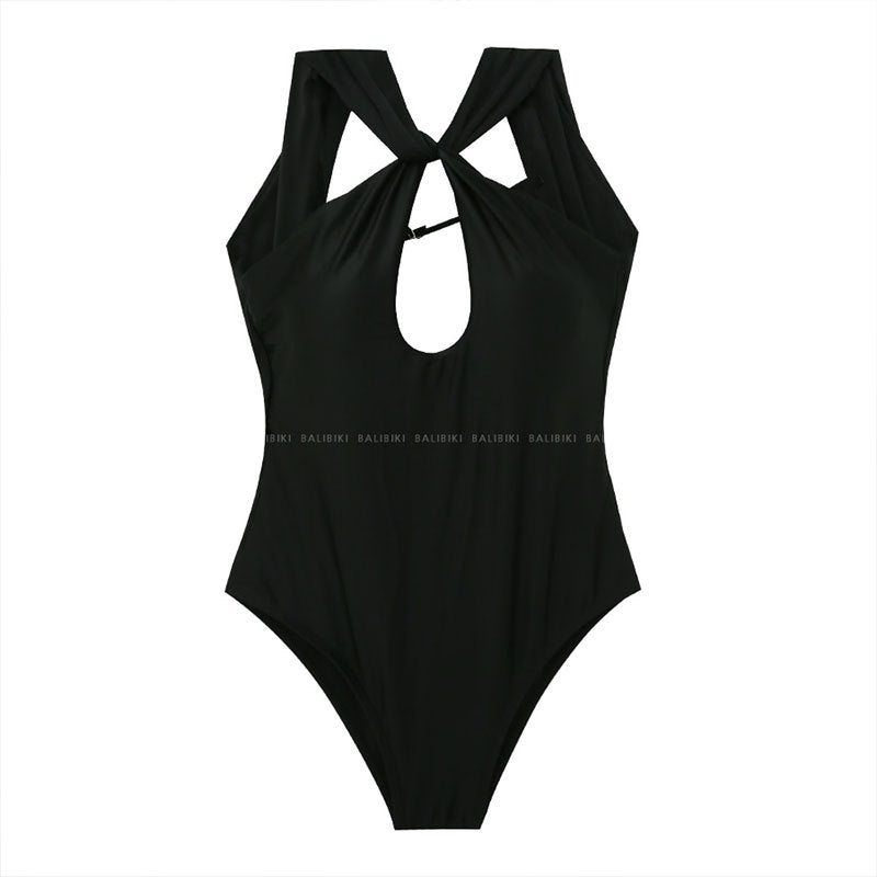 Damen Einteiler Badeanzug mit elegantem Knotendesign und tiefem V-Ausschnitt R&B