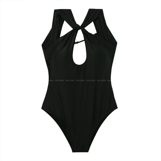 Damen Einteiler Badeanzug mit elegantem Knotendesign und tiefem V-Ausschnitt R&B