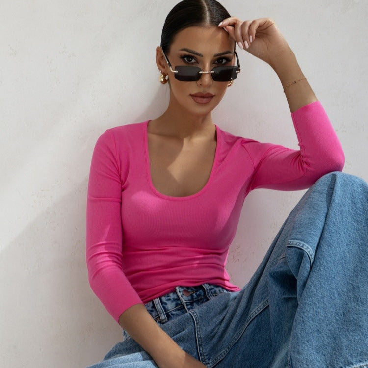 Damen figurbetontes Langarmshirt mit tiefem Ausschnitt R&B