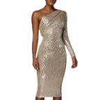 Damen Glitzerndes Midikleid mit asymmetrischem Schnitt und elegantem Raffung R&B