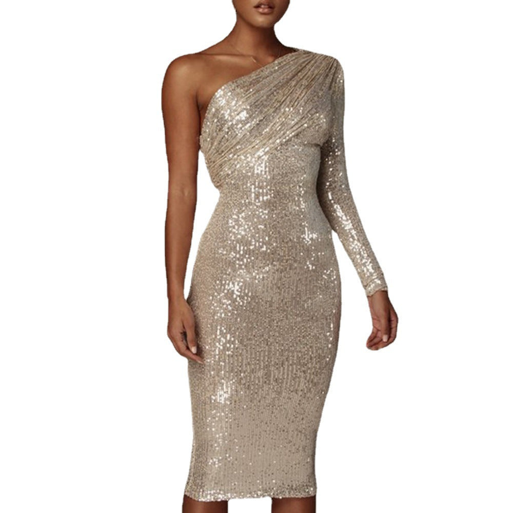 Damen Glitzerndes Midikleid mit asymmetrischem Schnitt und elegantem Raffung R&B