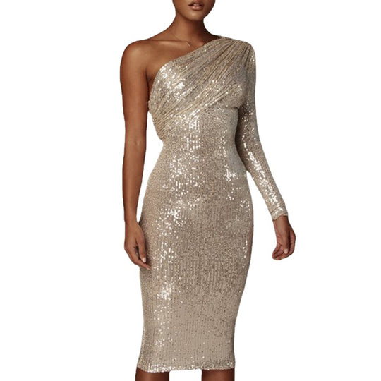 Damen Glitzerndes Midikleid mit asymmetrischem Schnitt und elegantem Raffung R&B