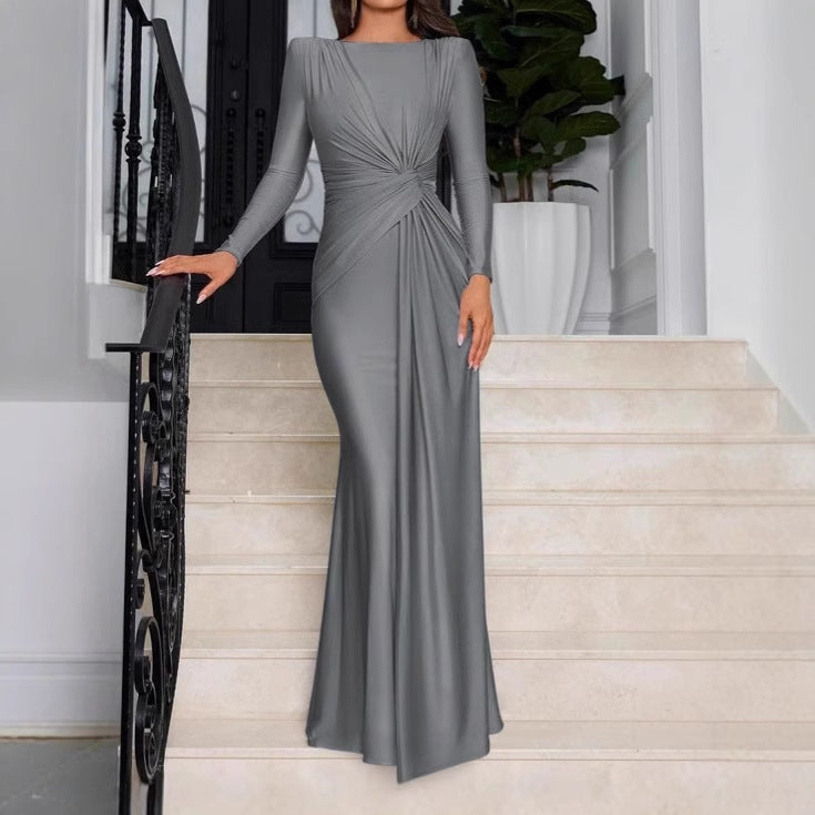 Damen Elegantes Longdress mit Raffung und hohem Kragen R&B