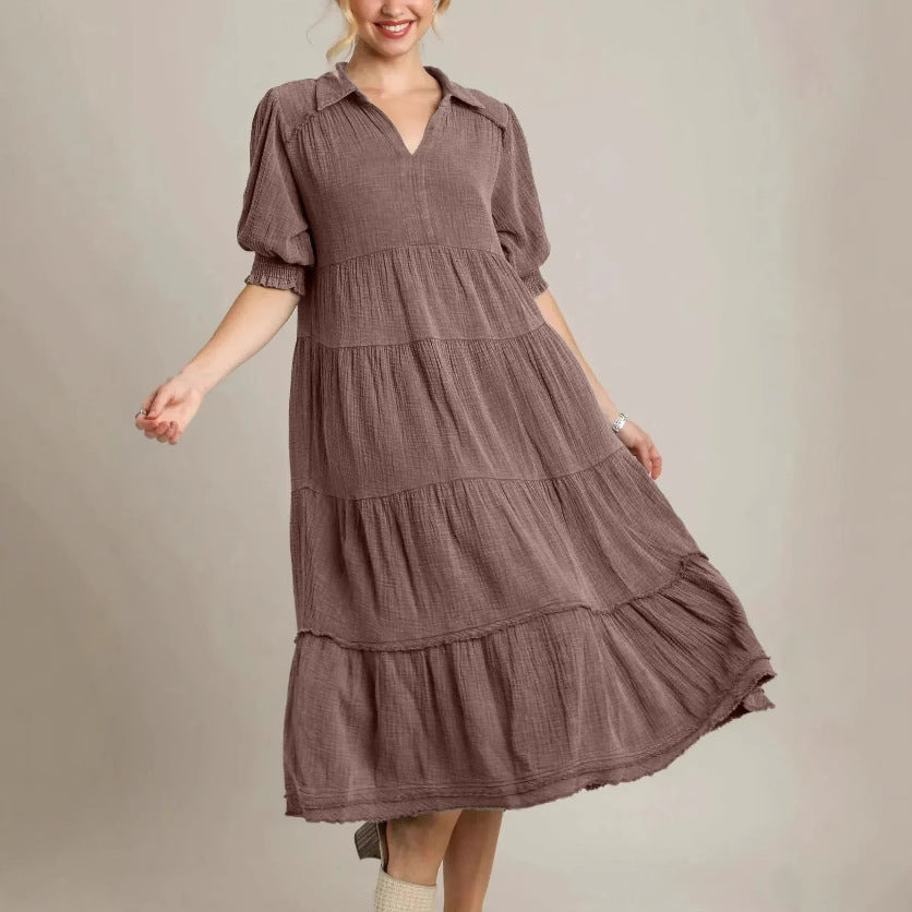 Damen lässiges Maxikleid mit V-Ausschnitt und volumetrischen Ärmeln R&B