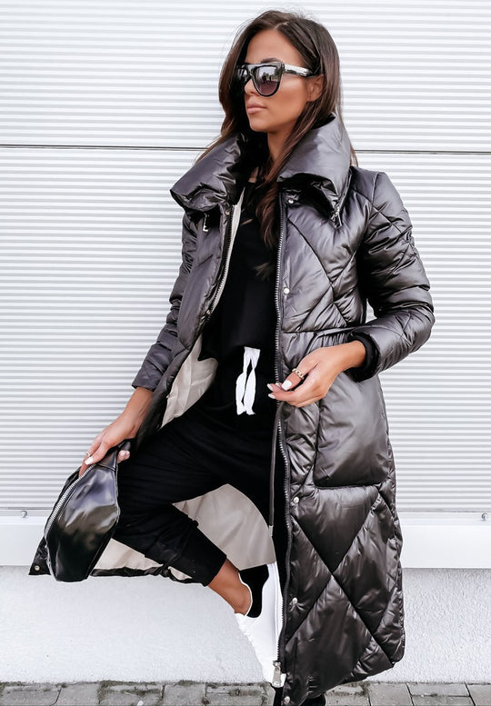 Lange Steppjacke Damen mit hohem Kragen