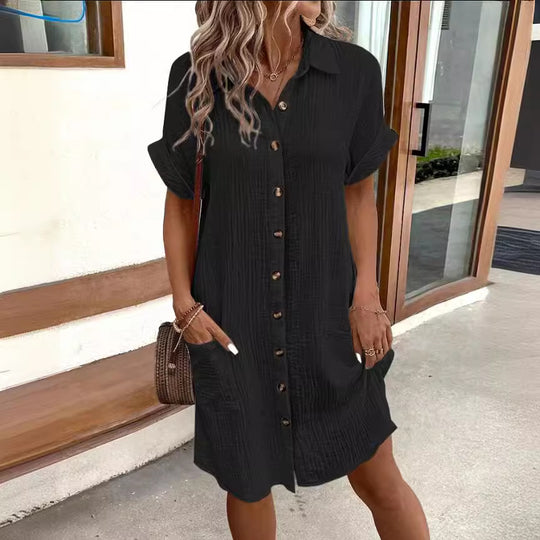 Damen Hemdblusenkleid aus leichtem Baumwollstoff mit praktischen Taschen und durchgehender Knopfleiste R&B