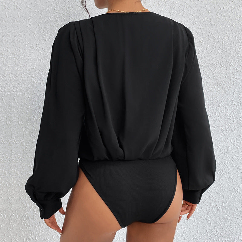 Damen elegante Bluse mit voluminösen Ärmeln und tiefem V-Ausschnitt R&B