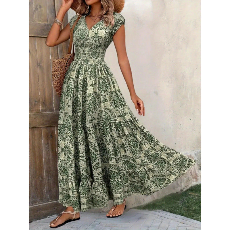 Damen Maxikleid mit nostalgischem Blumenmuster und voluminösem Rock R&B