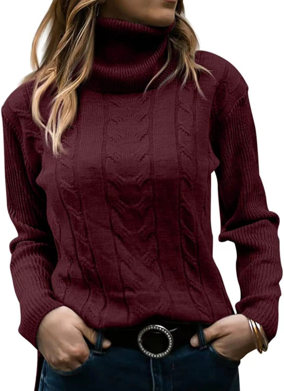 Damen Strickpullover mit Stehkragen und Zopfmuster R&B