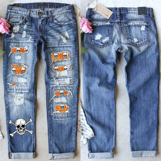 Damen Skinny Jeans mit auffälligen Totenkopf-Mustern R&B