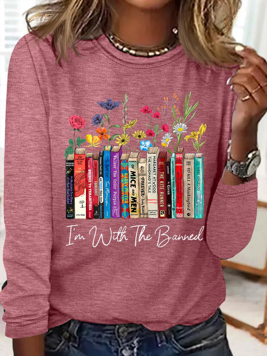 Damen Langarmshirt mit Bücher- und Blumenmotiv R&B