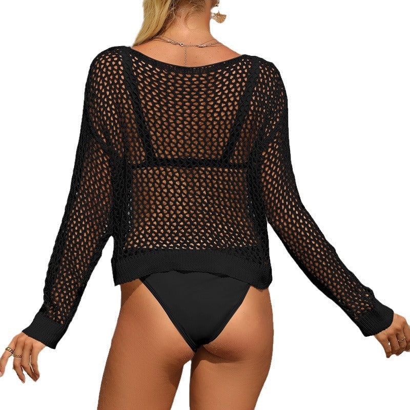 Damen lässiger Häkel-Strandpullover mit weitem Schnitt und V-Ausschnitt R&B