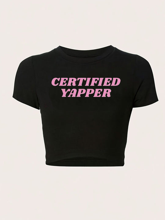 Damen figurbetontes Kurzarm-T-Shirt mit verspieltem Aufdruck R&B
