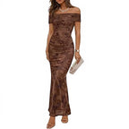 Damen elegantes Off-Shoulder Maxikleid mit floralem Muster und elastischem Einsatz R&B