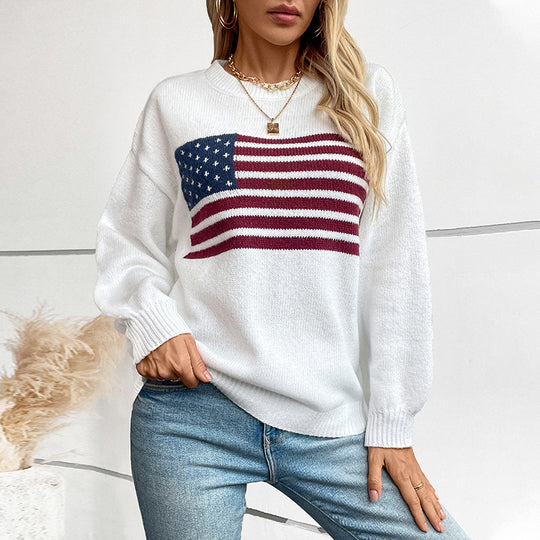 Damen Strickpullover mit Flaggenmotiv und Rundhalsausschnitt R&B