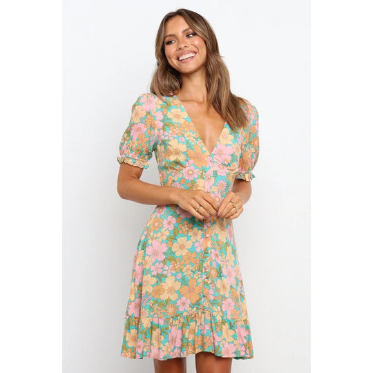 Damen Minikleid im romantischen Garden-Style mit voluminösen Ärmeln und verspieltem Saum R&B