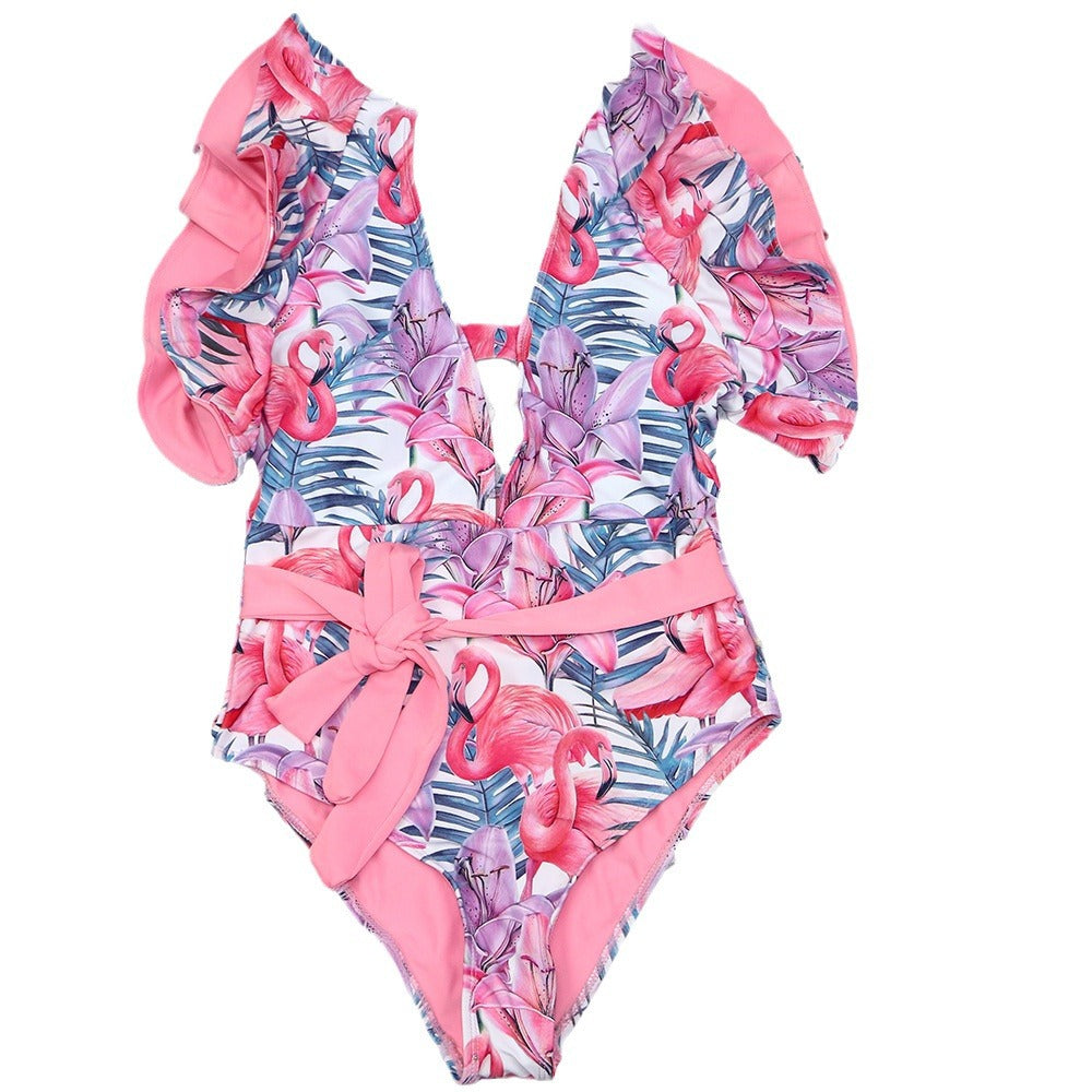 Damen Badeanzug mit floralem Design und frischem Wickelbund R&B