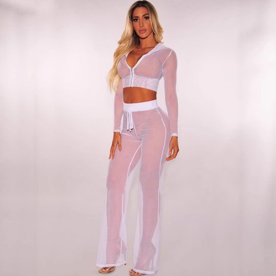 Damen Transparente Lounge-Hose mit Reißverschluss und Hohem Bund R&B