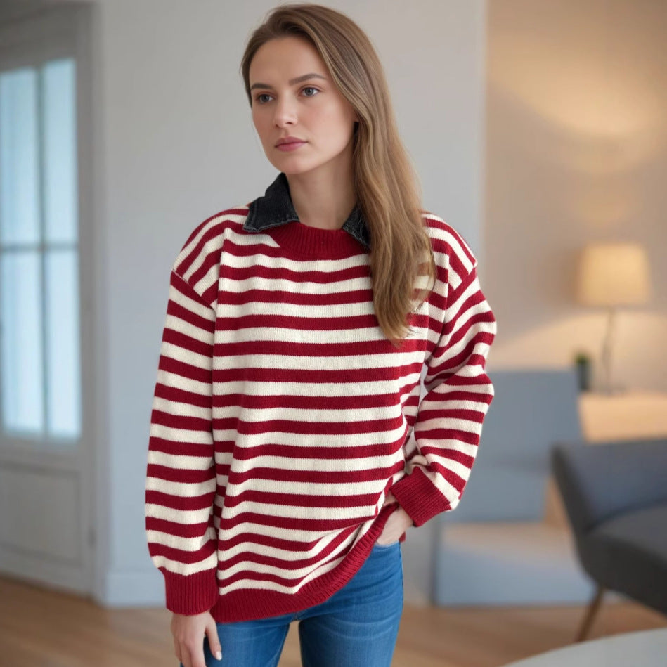 Damen lässiger Pullover mit strukturellem Streifenmuster und modischem Kragen R&B