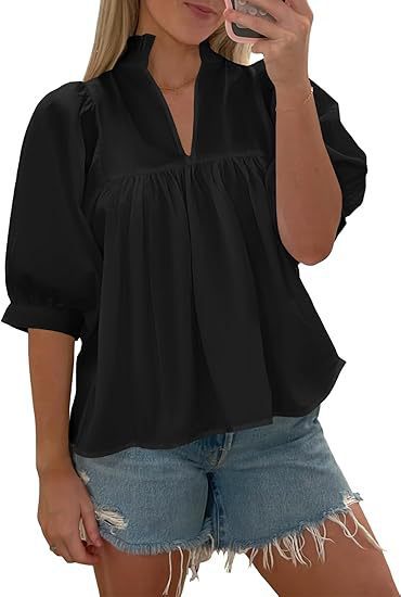 Damen elegante kurzärmlige Bluse mit Rüschendetails und lässigem Schnitt R&B