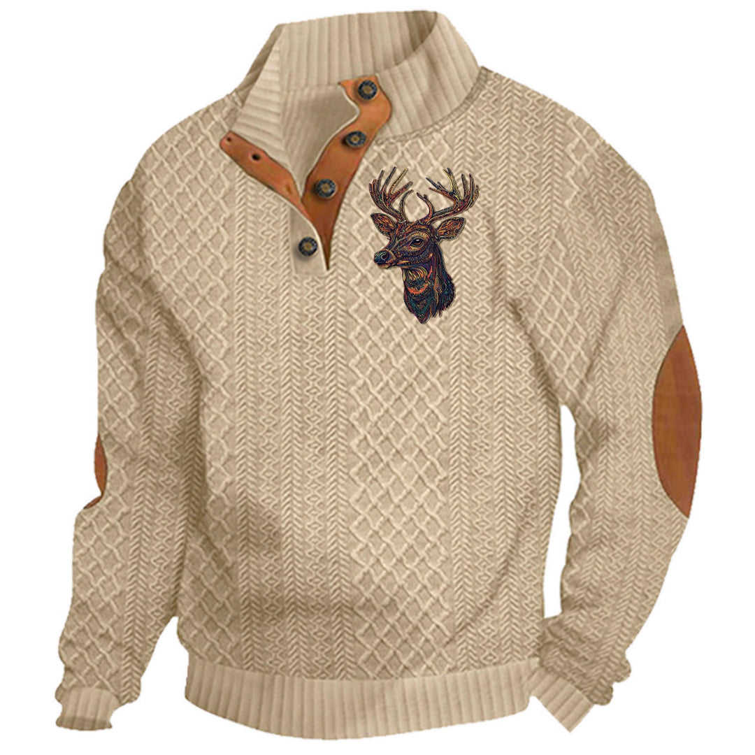 Herren nan Heritage-Strukturpullover mit Stehkragen Lederimitat-Besatz Ellenbogen-Patches und Halbknopfleiste R&B