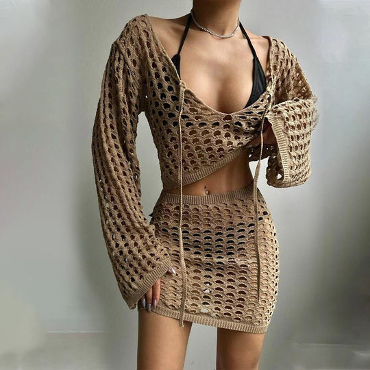 Damen gehäkeltes Strandoutfit mit offener Front R&B