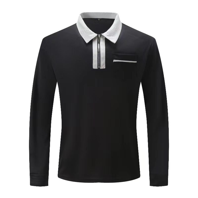 Herren nan elegantes Langarm-Poloshirt mit markantem Stehkragen Metall-Kurzreißverschluss und Brustleistentasche R&B