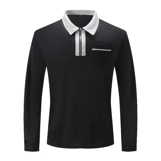 Herren nan elegantes Langarm-Poloshirt mit markantem Stehkragen Metall-Kurzreißverschluss und Brustleistentasche R&B