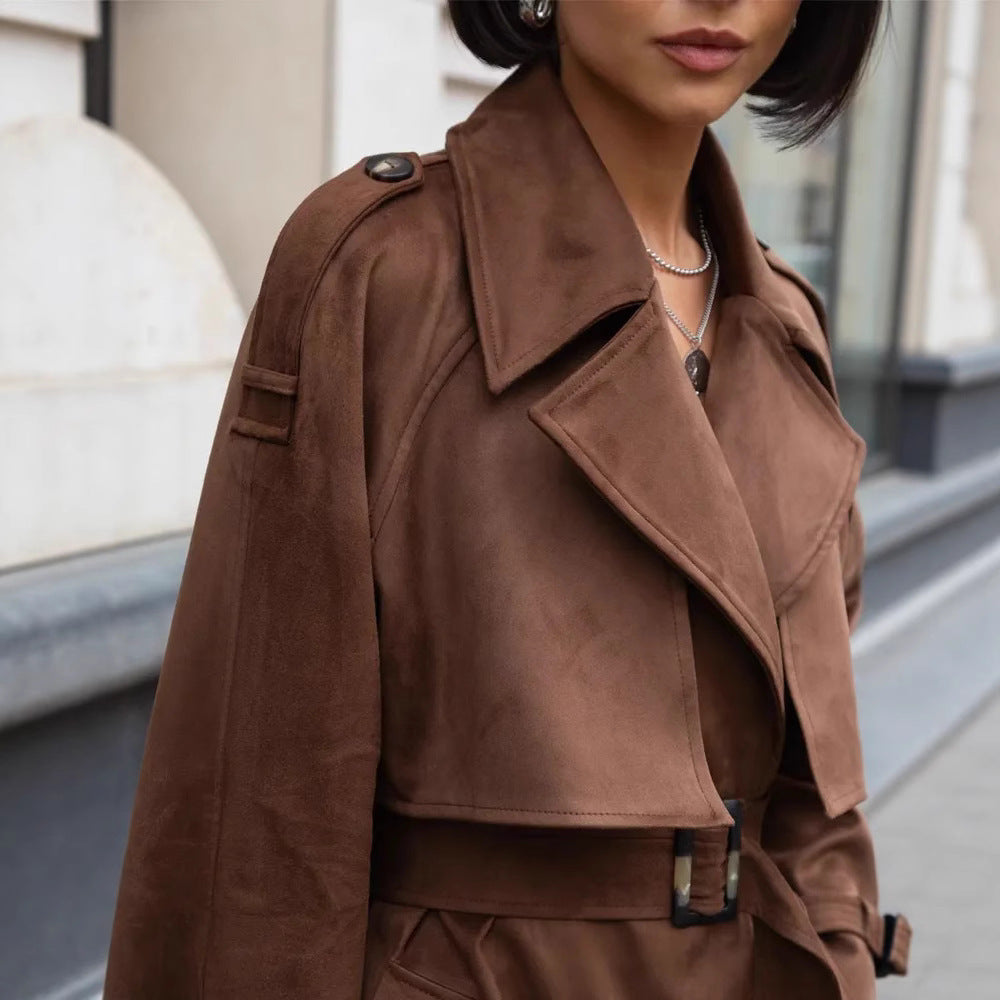 Damen Modische Kurzjacke im Biker-Stil mit grossem Kragen und Gürteldetail R&B