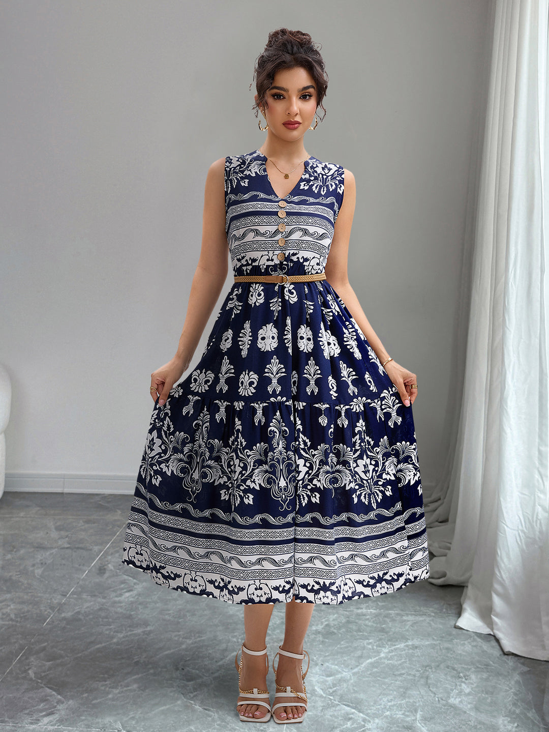 Damen Midi-Kleid mit Knopfleiste und traumhaftem Muster R&B