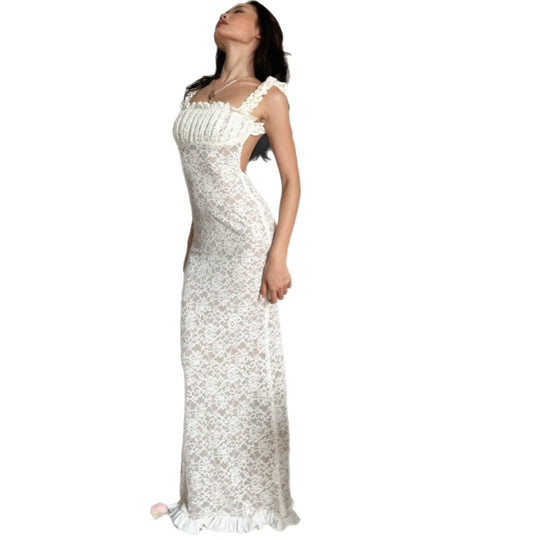 Damen Spitzen-Maxikleid mit Rüschendetails und elegantem Schnitt R&B