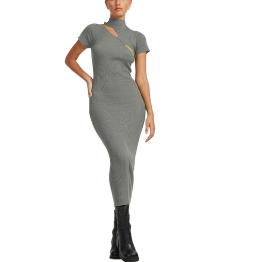 Damen figurbetontes Strickkleid mit asymmetrischem Ausschnitt und hohem Kragen R&B