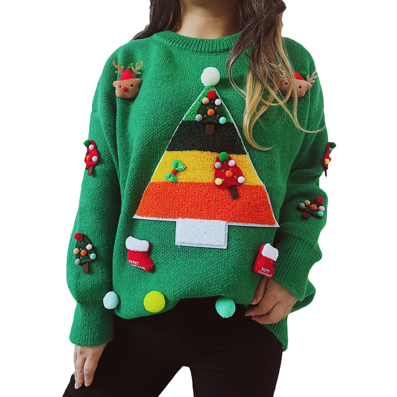 Damen Weihnachts-Pullover mit festlichem 3D-Motiv und dekorativen Applikationen R&B