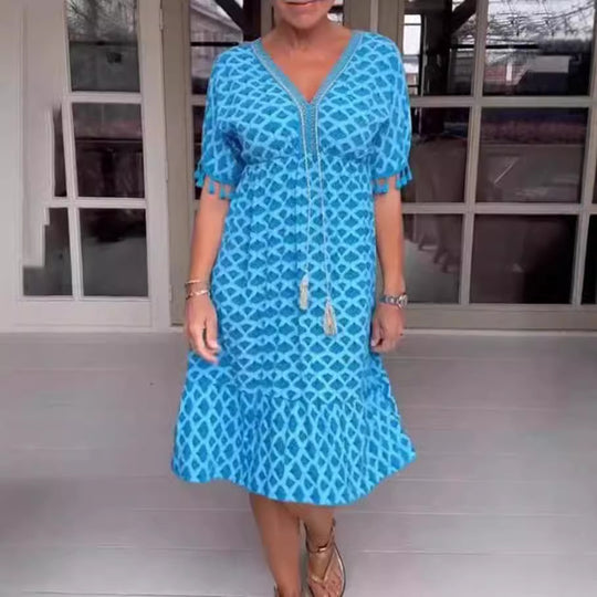 Damen Sommerliches Kleid mit fransierten Ärmeln und elegantem V-Ausschnitt Heidi-Mode
